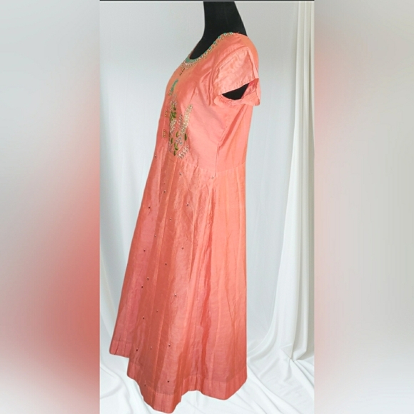 Vintage Boho Chic Bollywood Beaded Silk Cotton Embroidered Gypsy Maxi Dress - Picture 4 of 6